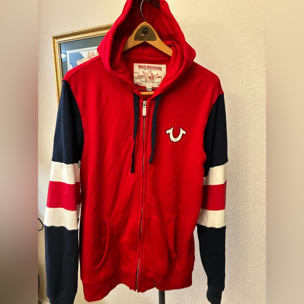 True Religion Men’s Red Hooded Zip-Up with Navy & White Sleeve Stripes